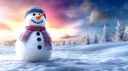Obraz premium A joyful snowman built on a snowy field, with the vibrant colors of a winter sunset illuminating its icy form. The snowman’s carrot nose and button eyes catch the light,