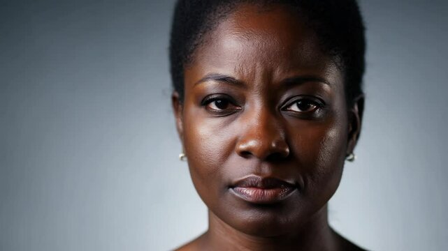 Close-up video of a determined, middle-aged Black woman with short hair, static camera, studio key light, minimalist gray background