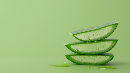 Fresh green aloe vera slices stacked against a soft green background, showcasing their natural texture and juicy interior.