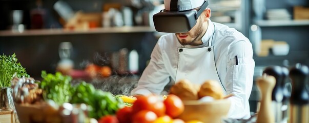 A chef wearing virtual reality goggles in a modern kitchen, surrounded by fresh ingredients, demonstrating innovative culinary techniques with technology.