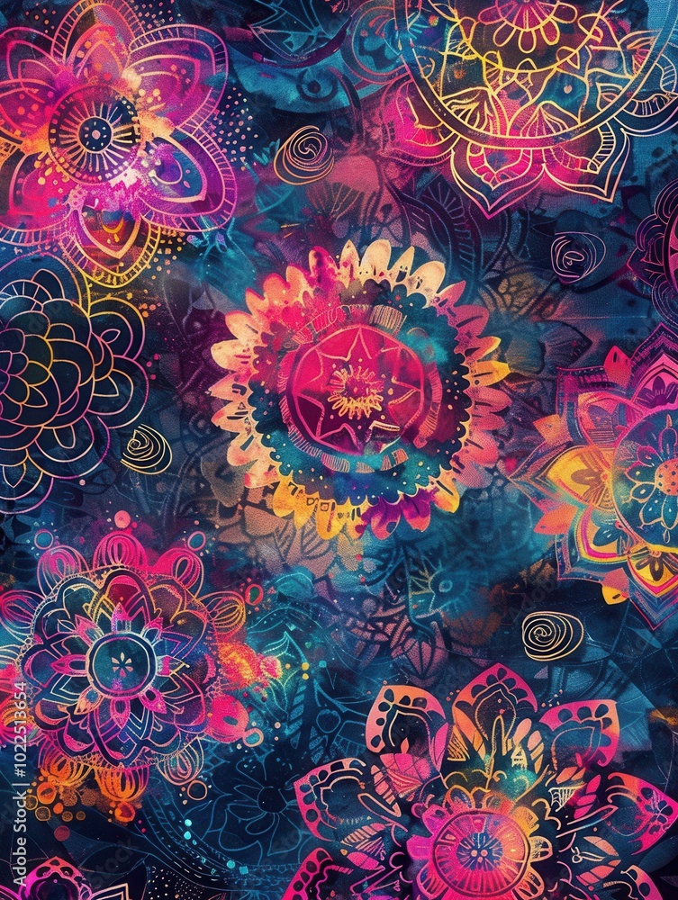 Poster a collection of colorful floral mandalas stands out vividly against a deep background, creating a ca