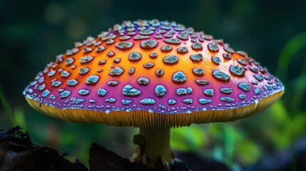 A vibrant mushroom cap with intricate patterns and textures, glistening after a light rain.