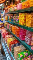 Rows of colorful candies and sweets stored in various glass jars on shelves at a market, showcasing a diverse array of flavors and textures.

