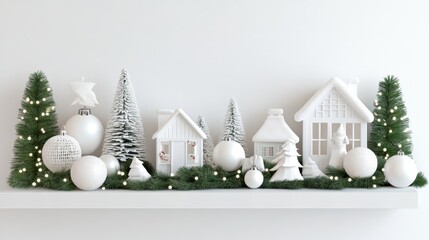 2408_023.Cozy Christmas mantel decorated with Christmas village, white fairy lights, pine branches, white background, 3D Rendering, isometric