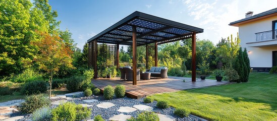 Fototapeta premium Garden pergola with integrated solar panels combines eco-sustainability and stylish design.