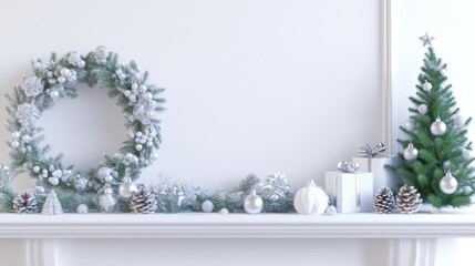 2408_026.Cozy Christmas mantel decorated with vintage Christmas postcards, silver tinsel, pinecone wreath, white background, 3D Rendering, isometric