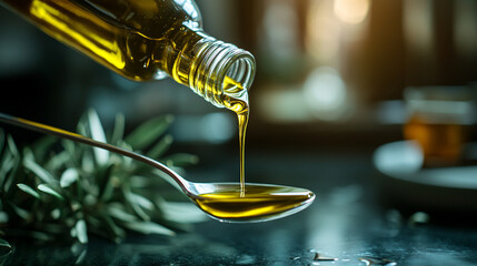 hand delicately pours golden olive oil from a bottle into a spoon, symbolizing health, nourishment, and the richness of nature, embodying culinary traditions and the purity of Mediterranean life