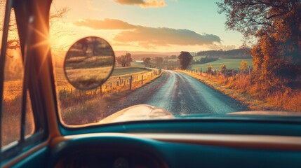 Fototapeta premium A vintage car window with a rearview mirror showing a scenic country road at sunset.