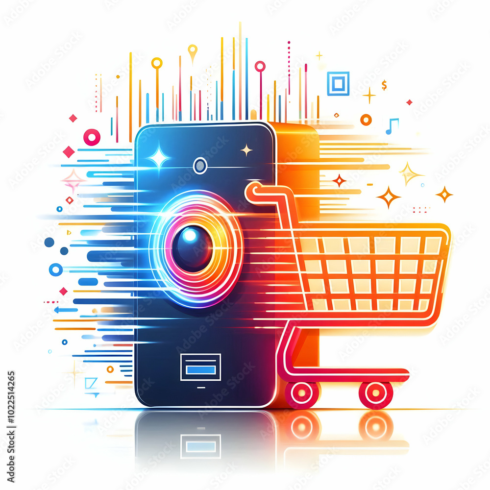 Poster Flat Glowing Abstract Product with Floating Shopping Cart Concept Symbolizing Cyber Monday Tech Sales in Bright Digital Art Theme