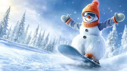 A playful snowman standing on a snowboard, wearing a ski mask and a beanie, as it prepares to descend a snow-covered hill. The snowman is posed in a ready-to-go stance,