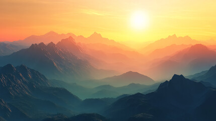 Fototapeta premium Sunrise in the Mountains: A serene view of the sunrise over majestic mountain peaks, with the early light casting a golden glow over the landscape.