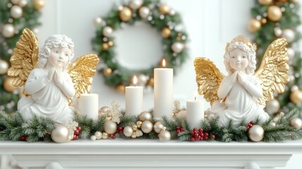 2408_036.Cozy Christmas mantel decorated with golden angels, berry wreaths, flameless candles, white background, 3D Rendering, isometric