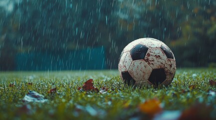 a soccer ball resting on grass, with rain falling from above. This cinematic scene captures the essence of the sport in natural light
