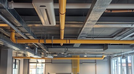 
An overhead shot of an air conditioning unit suspended from the ceiling
