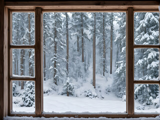 View through the window of a cottage into a snow-covered winter forest