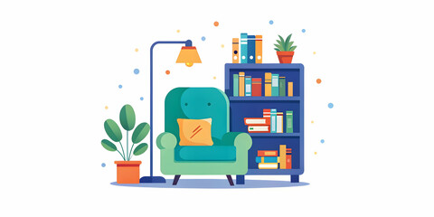 Softly Lit Bookshelf Corner in Cozy Living Room: Inviting Space for Relaxation and Leisure � Warm Lighting and Reading Chair Focus