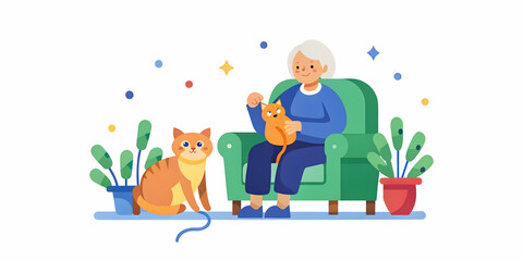 Senior Woman Enjoys Knitting with Therapy Cat by Her Side in Cozy Room - Capturing the Comfort and Companionship of Pet Therapy in Daily Life