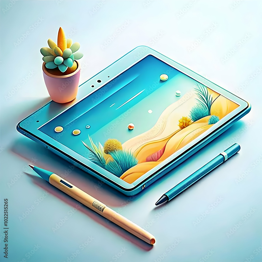 Poster plain background with tablet and stylus � creative workspace still life with ample copy space for de