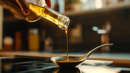 hand delicately pours golden olive oil from a bottle into a spoon, symbolizing health, nourishment, and the richness of nature, embodying culinary traditions and the purity of Mediterranean life
