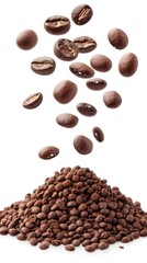 Naklejka premium A pile of coffee beans with floating beans above, showcasing a rich coffee theme.