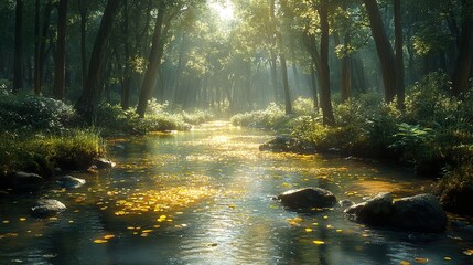 Obraz premium Serene Forest River Landscape with Sunlight and Golden Leaves