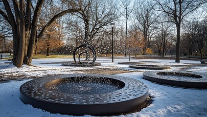 Obraz premium A park with snow-covered ground, several round metal basins filled with water