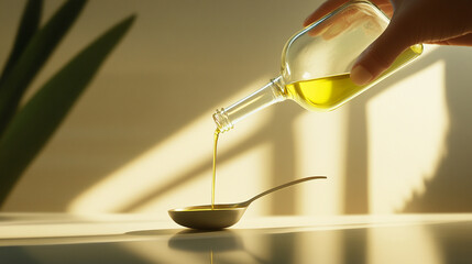 hand delicately pours golden olive oil from a bottle into a spoon, symbolizing health, nourishment, and the richness of nature, embodying culinary traditions and the purity of Mediterranean life