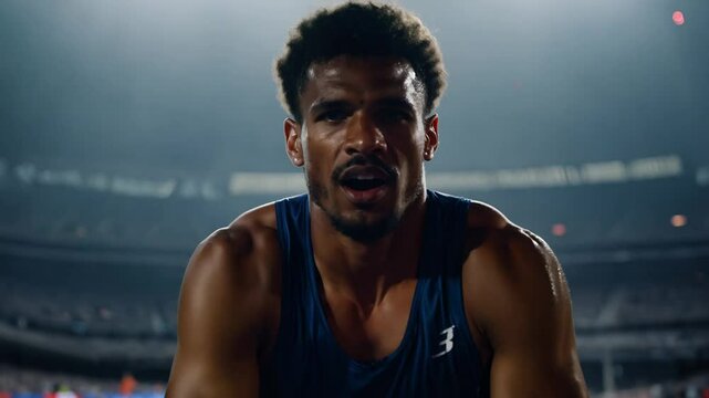 Close-up of athlete crossing finish line, expressing exhaustion and exhilaration of victory with dramatic side lighting in a blurred stadium