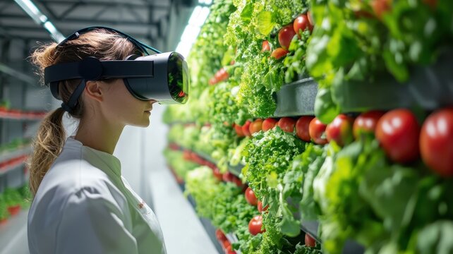 A woman wearing a virtual reality headset explores a vertical garden filled with fresh lettuce and tomatoes, showcasing the fusion of technology and agriculture. - Powered by Adobe