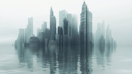 Fototapeta premium Submerged Cityscape: Impact of Rising Sea Levels on Modern Urban Skyscrapers - Climate Change and Global Flooding Crisis