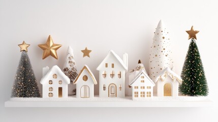 Naklejka premium 2408_057.Cozy Christmas mantel decorated with ceramic houses, gold stars, twinkle lights, white background, 3D Rendering, isometric