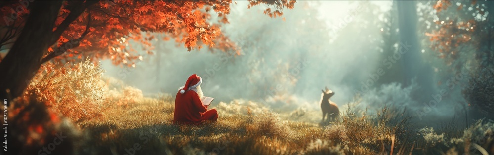 Poster santa claus reading a book in a serene forest clearing surrounded by autumn foliage and a curious de