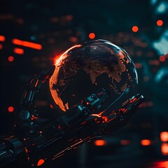 Robotic Hand Holding Glowing Globe in Futuristic Setting