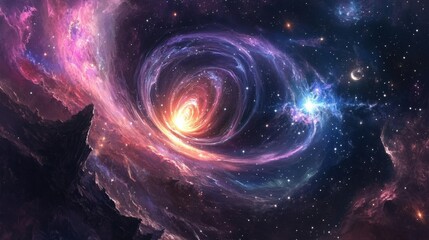 A vibrant abstract space scene with swirling nebulae in shades of purple, blue, and pink, scattered with bright stars and distant galaxies, creating a sense of cosmic wonder. 
