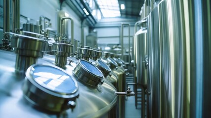 Industrial stainless steel fermentation tanks in a modern facility, reflecting precision and innovation in manufacturing processes.