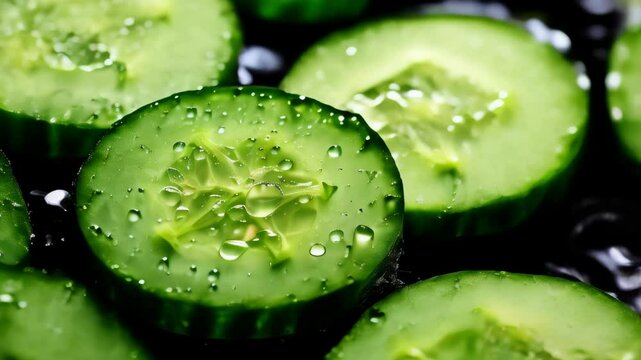 Freshly sliced cucumber with water droplets glistening in natural light during a summer kitchen prep session