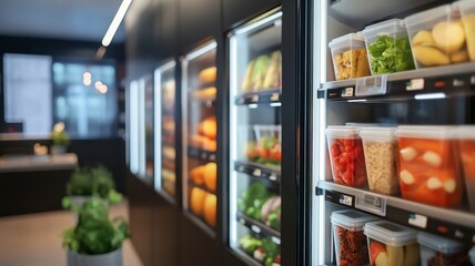 Fototapeta premium Modern convenience store display filled with organized jars of fresh vegetables and fruits. Bright, inviting ambiance highlighting health-conscious choices.