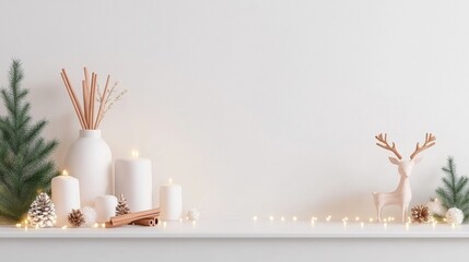 2408_076.Cozy Christmas mantel decorated with wooden reindeer, fairy lights, cinnamon sticks, white background, 3D Rendering, isometric