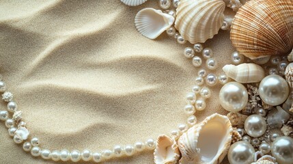 Pearls and seashells artfully arranged on a sandy beach, capturing the essence of the ocean.