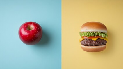 Split-screen visual of an apple and a hamburger, symbolizing the concept that healthy eating can include luxurious ingredients.