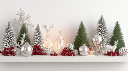 2408_084.Cozy Christmas mantel decorated with mercury glass trees, fairy lights, holly berries, white background, 3D Rendering, isometric