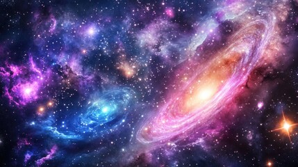 Fototapeta premium A vibrant abstract space scene with swirling nebulae in shades of purple, blue, and pink, scattered with bright stars and distant galaxies, creating a sense of cosmic wonder. 