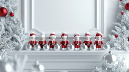 Fototapeta premium 2408_089.Cozy Christmas mantel decorated with vintage toy soldiers, silver bells, frosted branches, white background, 3D Rendering, isometric