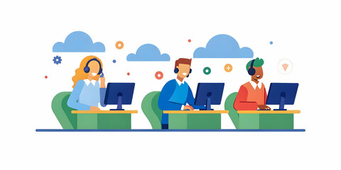 Candid Photograph of Cloud Service Support Team Assisting Customers via Phone and Chat in Open Office Environment with Headsets and Monitors, Showcasing Professional Competence and Customer Service in