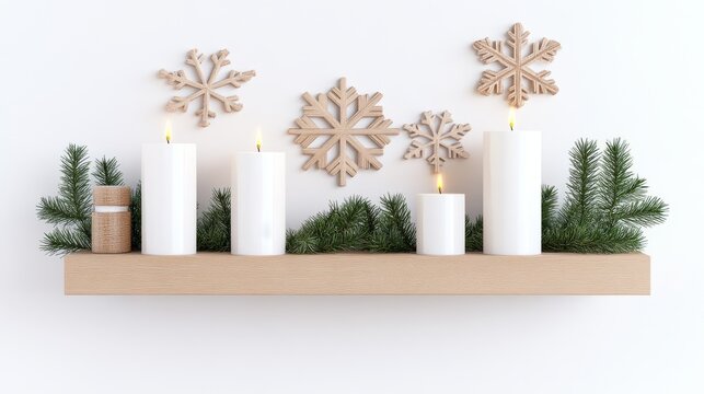 2408_088.Cozy Christmas mantel decorated with wooden snowflakes, white candles, evergreen sprigs, white background, 3D Rendering, isometric