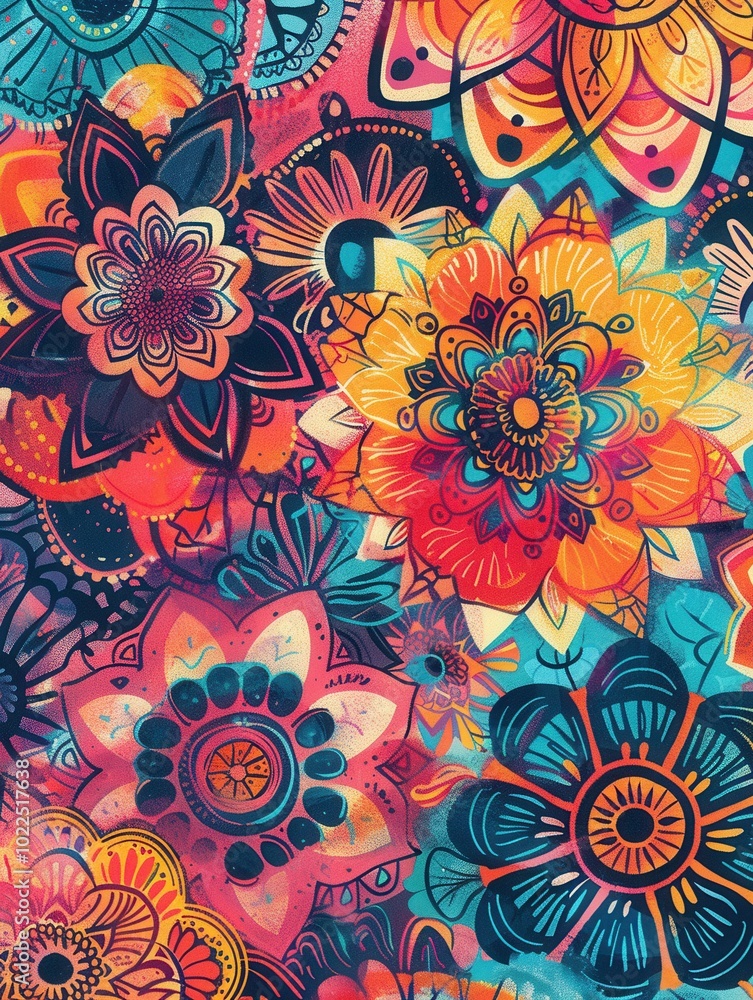 Sticker A beautiful array of floral mandalas bursts with vibrant colors, showcasing intricate patterns that celebrate artistry and creativity. Generative AI