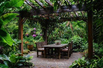 Obraz premium Jungle-enclosed pergola in a verdant backyard garden.