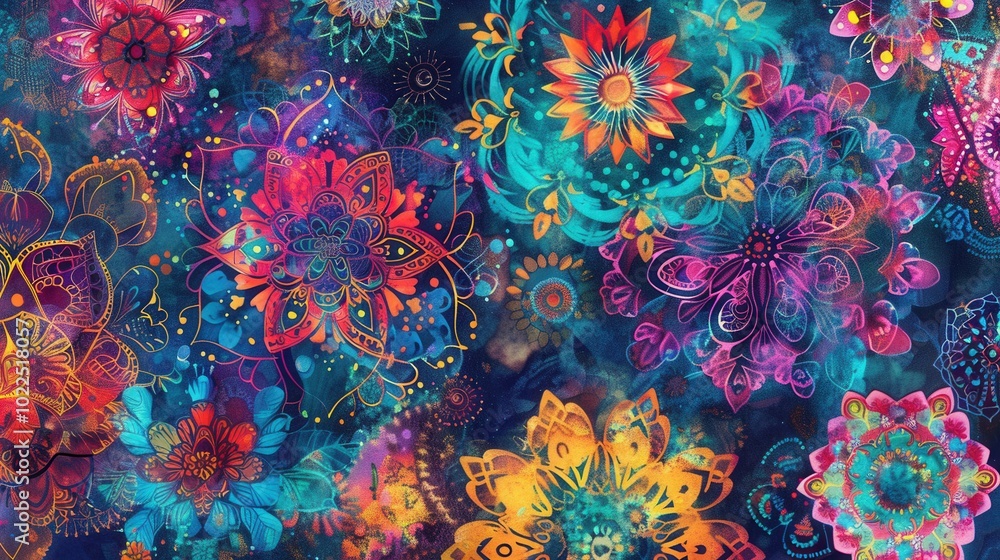 Poster vibrant floral mandalas display intricate patterns and colors, creating a lively and artistic atmosp