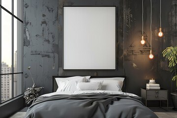 Modern bedroom interior in a dark color scheme featuring a large blank frame, stylish lighting, and cozy bedding.