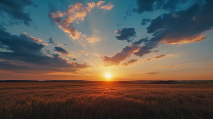 Obraz premium Sunset over the field - captivating 4K time-lapse: majestic sunrise/sunset landscape with stunning natural light and rolling colorful clouds, 